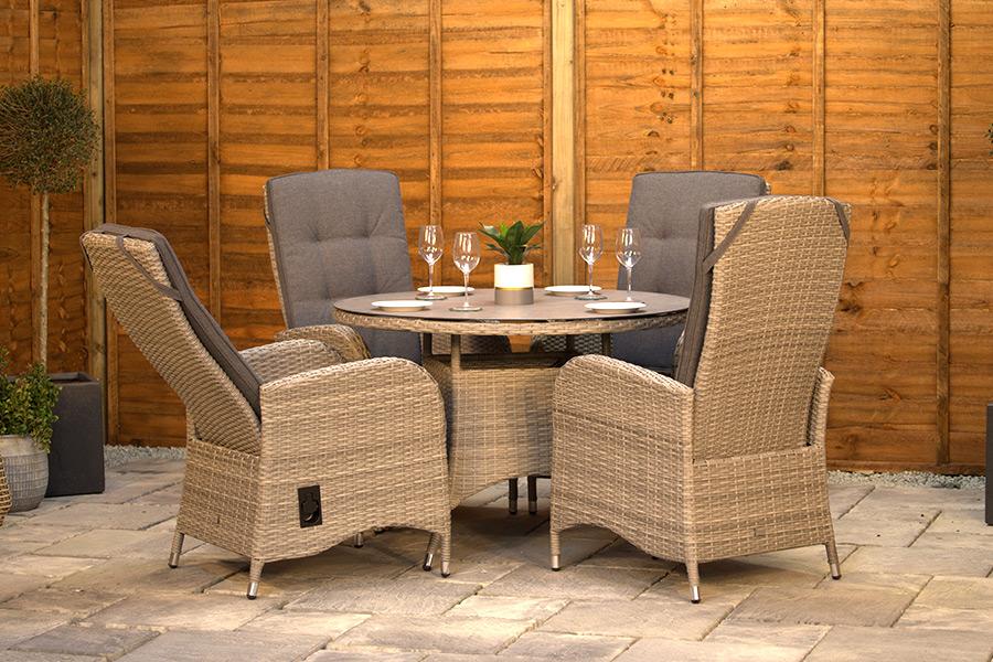 Burbage 4 Seater Round Reclining Dining Set in Cappuccino Rattan