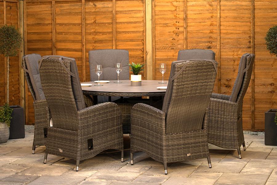 6 Seat Stone Grey Rattan Reclining Dining Set 150cm Round